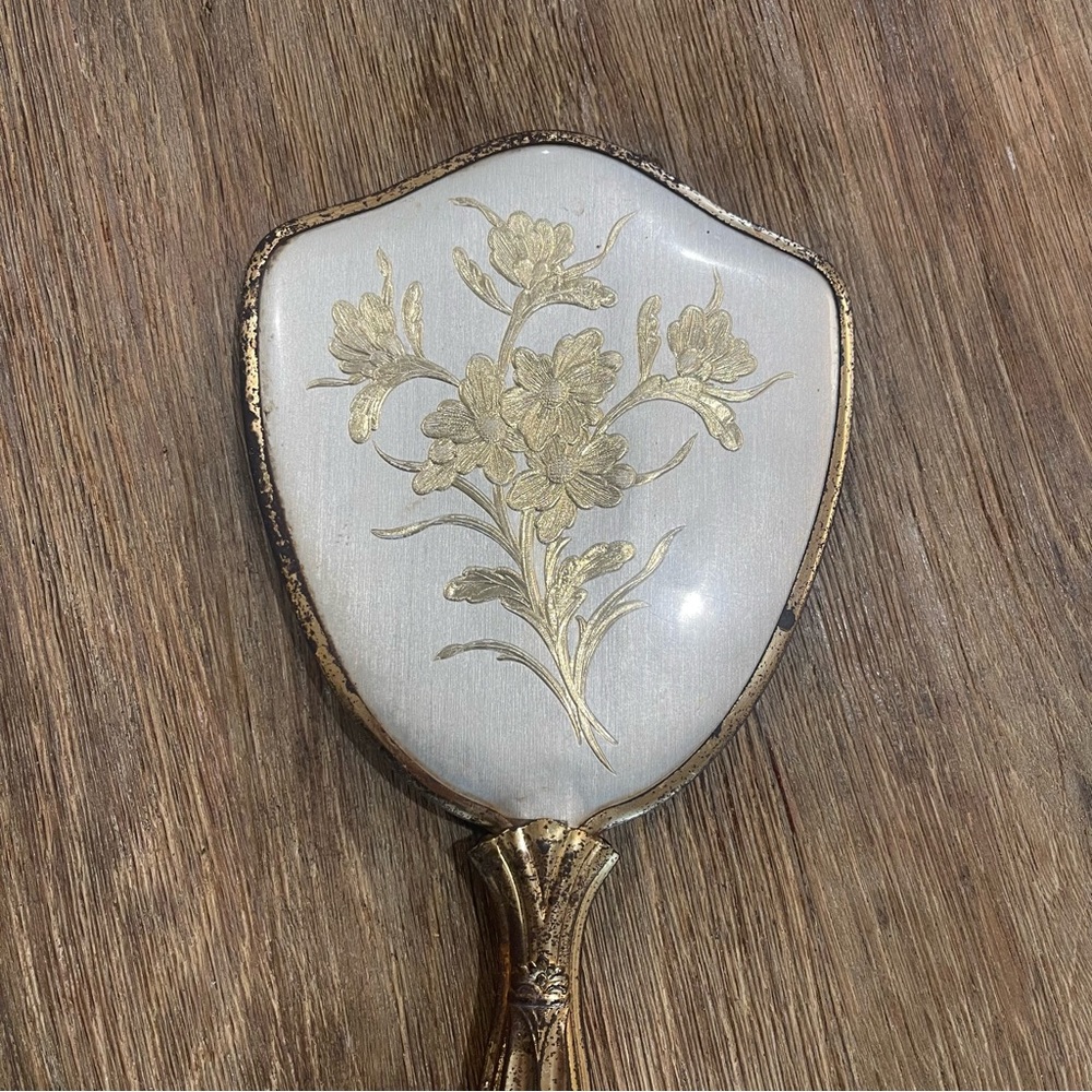 Vintage Gold Plated Hand Mirror Flower Decor